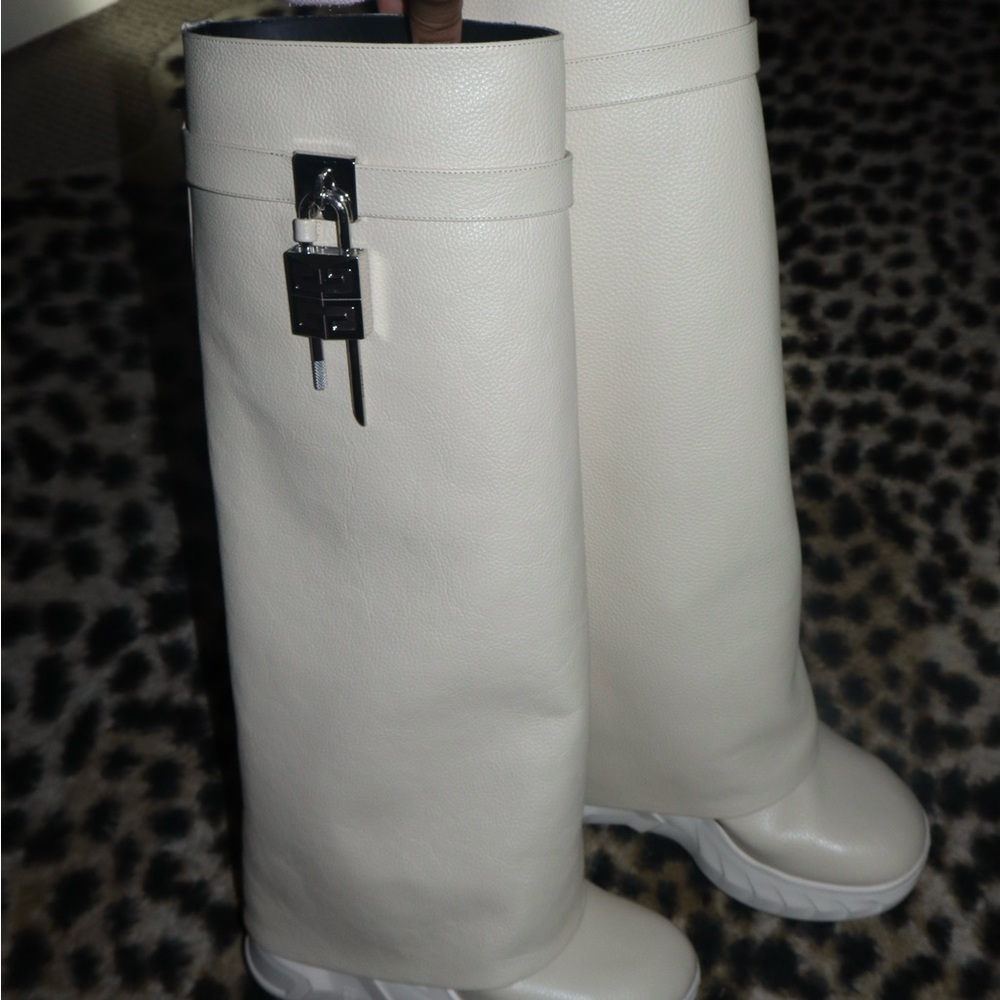 Givenchy Shark Lock Wedge Knee High Foldover Leather Boots